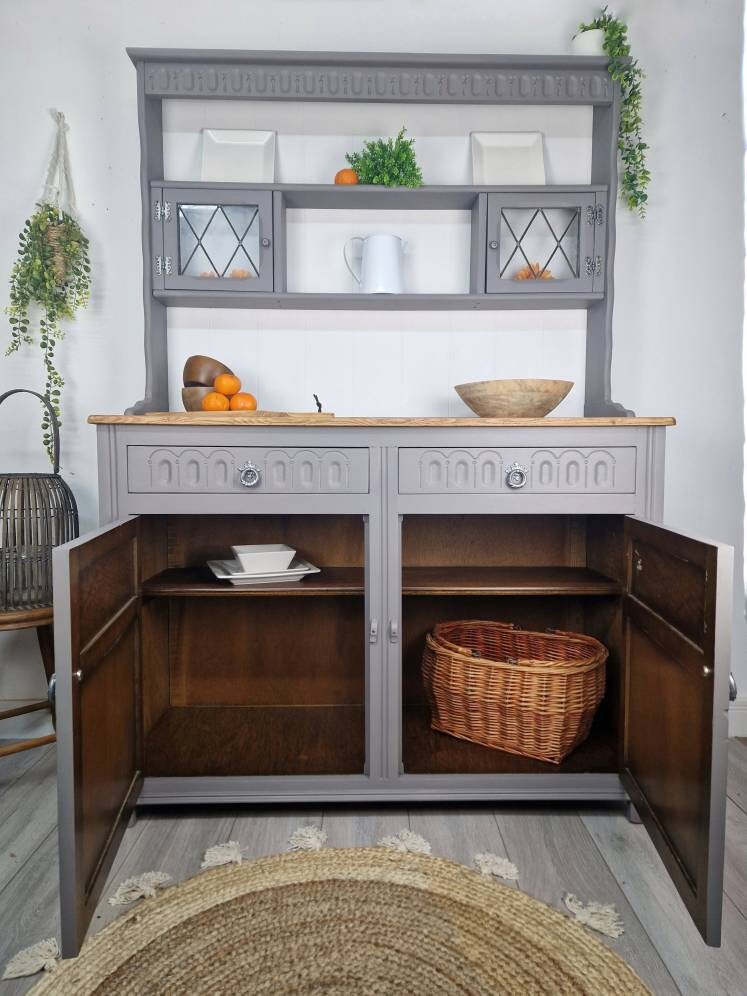 welsh dresser grey Custom Painted UPCYCLED Medium Glass Door Vintage/pine Kitchen Welsh Dressers With Plate Racks & Storage Fusion Mineral Paint Grey