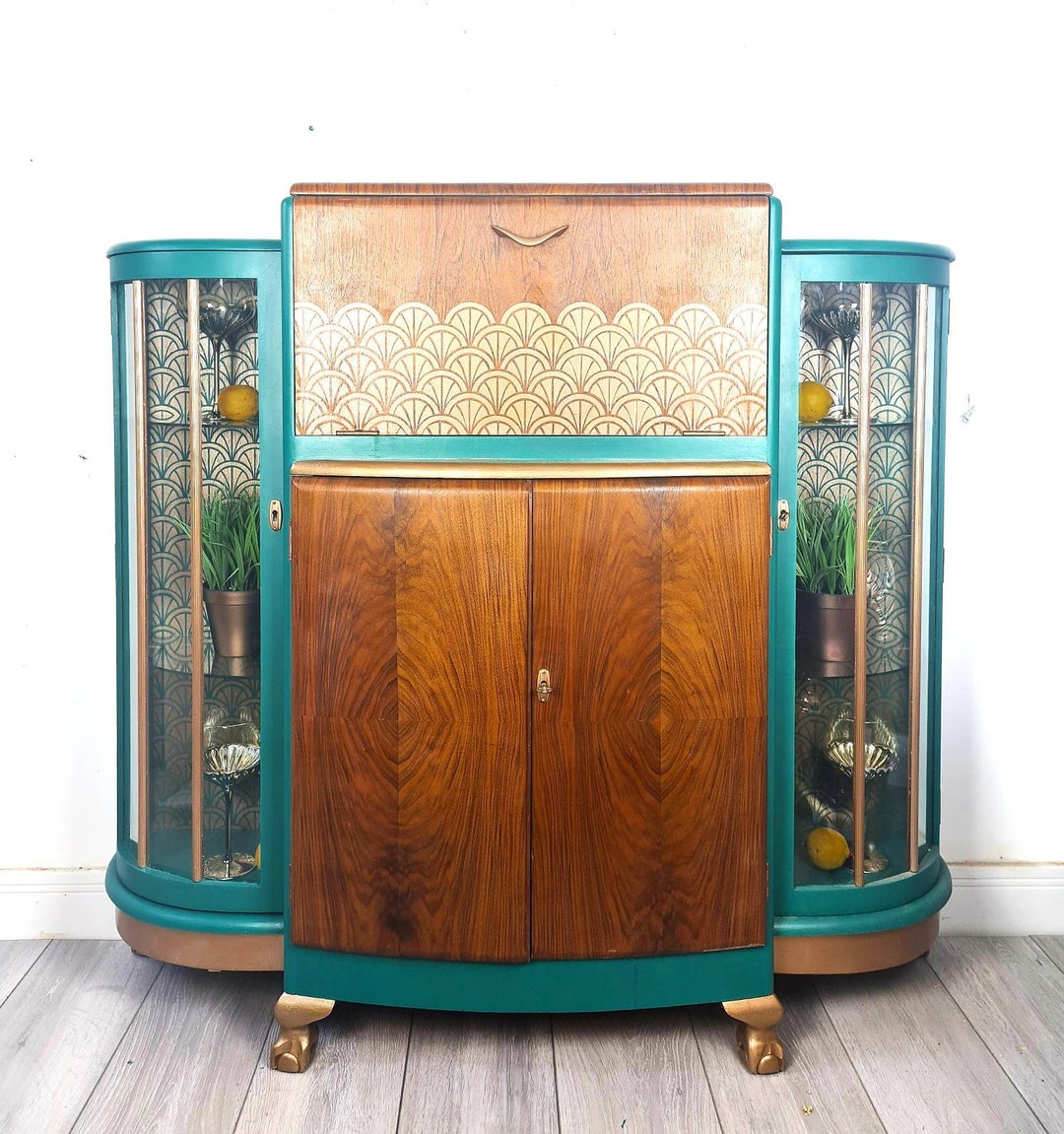 Art Deco Teal Gin Cabinet, Vintage Cocktail Bar, Display Cabinet