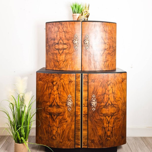 SOLD commission available, art deco drinks cabinet, walnut,black, cocktail, cabinet , art deco,gin bar,gold, cabinet,vintage