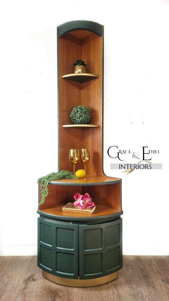 Midcentury modern Nathan teak corner unit teak shelving drinks cabinet mcm green furniture midcentury furnitur