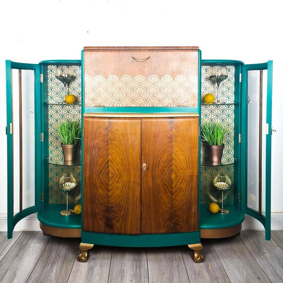 Art Deco Drinks Cabinet teal cocktail Cabinet Gin Bar vintage Retro Gin Cabinet statement display Cabinet Etsy