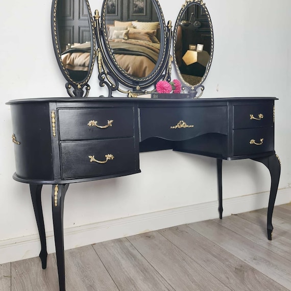 Handpainted Black French Style Vanity Table With Triple Mirror - Etsy Handpainted Black French Style Vanity Table With Triple Mirror - Etsy