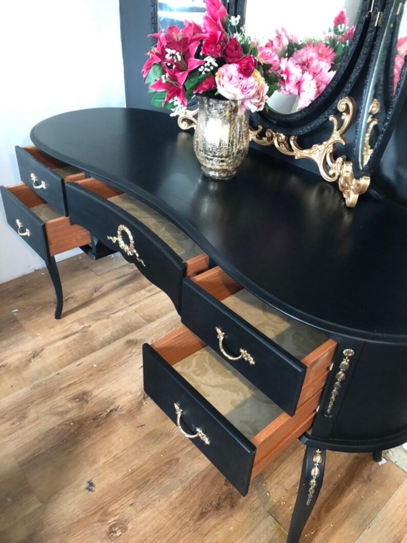 Vintage Olympus Black and Gold Triple Mirror Dressing Table Etsy UK