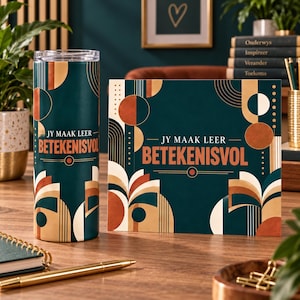 Puede incluir: Un vaso cilíndrico y una tarjeta rectangular con fondo verde azulado oscuro y formas geométricas en beige, naranja y blanco. Ambos artículos muestran el texto "JY MAAK LEER BETEKENISVOL" en una fuente negrita con líneas horizontales finas.