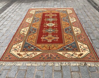 Alfombra hecha a mano, alfombra vintage, alfombra turca, alfombra Oushak, 7 x 10 pies, alfombra anatolia, alfombra tribal.