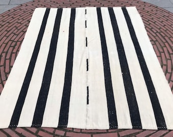 Vintage kilim rug Turkish Kilim Rug, 5x7 ft, Black & White Striped, kilim area kilim rug Handmade kilim