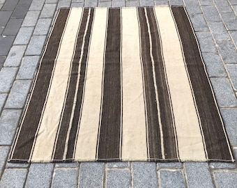 handmade kilim.5.x.6.ft.kilim rug.large white end black rug.hemp rug. organic turkish kilim.woven kilim rug. broken black stripe white kilim