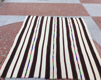 Vintage Turkish Kilim Rug, Striped Wool, 6x7 ft