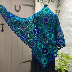 Peacock Blue Shawl Sparkle Fantasy Cottagecore Teal Blues Greens Turquoise Patchwork Pagan Litha Summer Wrap Peacock Wedding 82/208cm VEGAN image 9