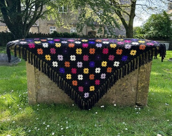 Flower Shawl 'African Daisies' Fringed Hippie Flower Power Black Colourful Festival Shawl Boho Retro 60s/70s Style Glastonbury BIG 80" VEGAN