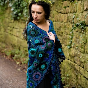 Peacock Blue Shawl Sparkle Fantasy Cottagecore Teal Blues Greens Turquoise Patchwork Pagan Litha Summer Wrap Peacock Wedding 82/208cm VEGAN image 1