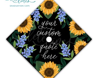 Bluebonnet & Sunflowers Floral Graduation Cap Topper / Custom Printed Grad Cap