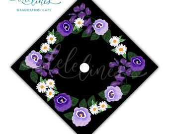 Purple Pansies Graduation Cap Topper / Flowers Printed Custom Floral Personalized Grad Cap