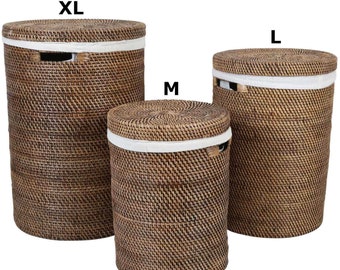 Rattan Laundry Basket Cleo Brown in 3 Sizes Round with Lid Removable Bag Rattan Basket Rustic Braided Laundry Collector Laundry Container Basket