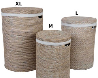 Cesto per biancheria in rattan Cleo bianco in 3 misure cesto rotondo con coperchio borsa rimovibile cesto in rattan cesto per biancheria intrecciato rustico contenitore per biancheria