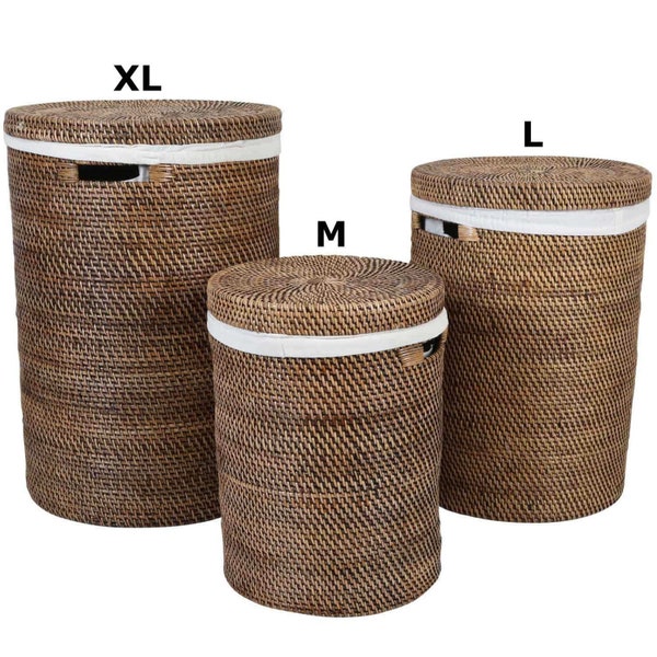 Rattan Laundry Basket Cleo Brown in 3 Sizes Round with Lid Removable Bag Rattan Basket Rustic Braided Laundry Collector Laundry Container Basket