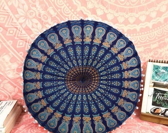 Indisches Sitzkissen Mandala Saira Ø 55cm mit Füllung | Boho Bodenkissen rund Yogakissen bunt Chillkissen aus Baumwolle viele Farben