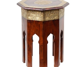 Table d'appoint orientale Meena H 52 Ø 40 cm en bois massif décoré de laiton octogonal | Table basse table de canapé en or marron | MA79-25