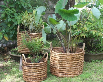 Flechtkorb Vina rund mit Henkel Naturkorb aus Bananenblatt Allzweckkorb Boho Chic Obstkorb Gemüsekorb Wäschekorb Weidenkorb groß