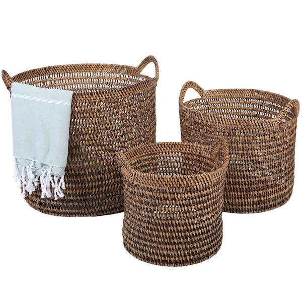 Panier en rotin Eda marron avec anse en 3 tailles panier de rangement tressé panier en osier Boho Chic panier à linge rond panier à plantes panier en bois osier