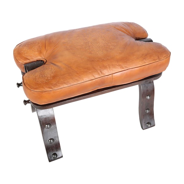 Tabouret oriental chameau Sadia avec coussin d'assise en cuir et structure pliante en bois | Tabouret de selle marocain tabouret tabouret en cuir tabouret