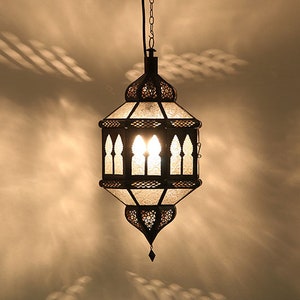 Moroccan lantern Trombia Biban white made of iron & relief glass handmade oriental lamp Boho Ramadan ceiling lamp from Morocco L1234