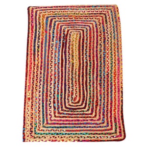 Jute Teppich Esha bunt rechteckig in 5 Größen aus Jute & Baumwolle geflochten Boho Chic Juteteppich Kurzflor Teppichläufer Hygge Orient 80x120 cm