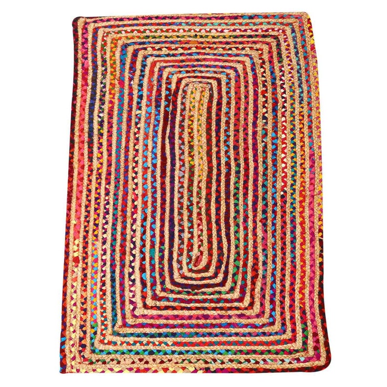 Jute Teppich Esha bunt rechteckig in 5 Größen aus Jute & Baumwolle geflochten Boho Chic Juteteppich Kurzflor Teppichläufer Hygge Orient 80x120 cm