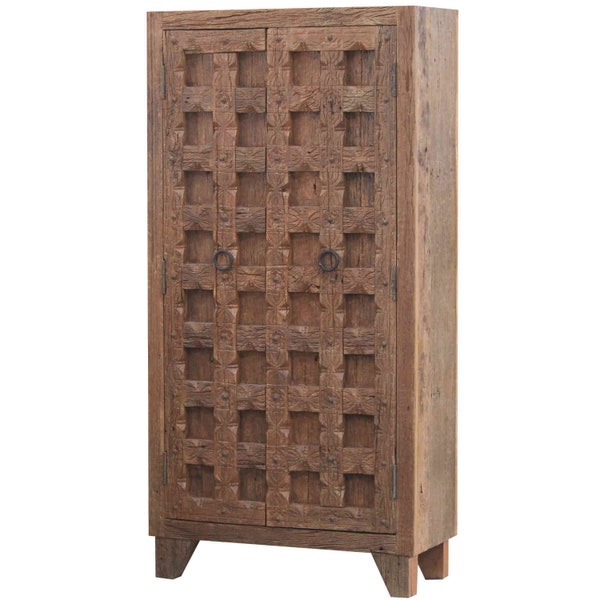 Credenza orientale Midelt 90x40x180 cm in legno massello e legno vecchio riciclato intagliato a mano armadio in stile coloniale antico CAC70760