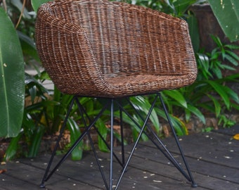 Rattan Sessel Paris Braun mit Armlehne Korbstuhl Naturrattan geflochten Designer Korbsessel Retro-Stuhl für Küche Garten Esszimmer IDSB63