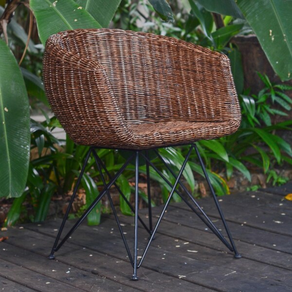 Rattan Sessel Paris Braun mit Armlehne Korbstuhl Naturrattan geflochten Designer Korbsessel Retro-Stuhl für Küche Garten Esszimmer IDSB63