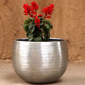 Oriental flowerpot Almeria silver aluminum plant pot decorated with hammer finish Moroccan style planter S