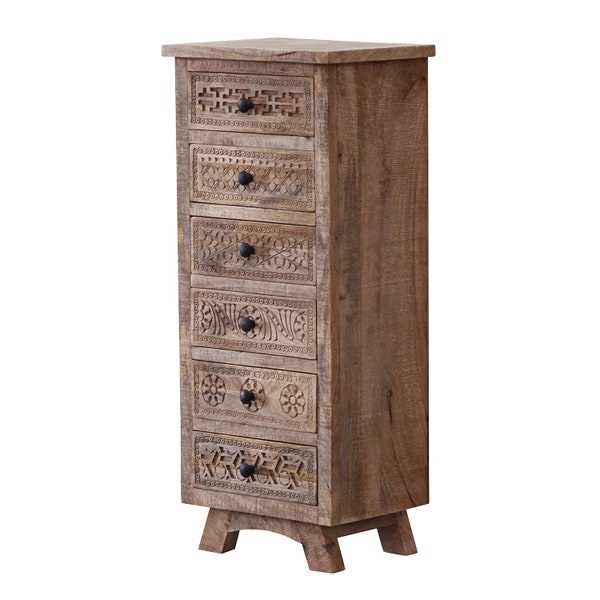 Commode indienne Jamala sculptée en bois massif avec 6 tiroirs | Commode haute design, buffet, table de chevet, étroite CAC14301130