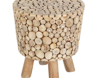 Taburete de madera de teca Mérida cubierto de ramas y ramitas taburete de diseño con patas taburete de madera mesa auxiliar redonda de mosaico madera maciza AL7050