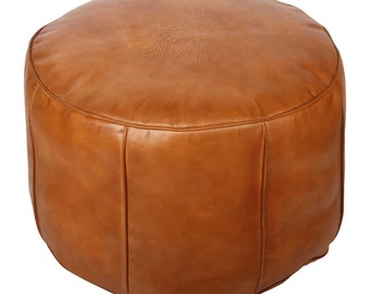 Moroccan leather pouf Asli Orange with filling Ø 52 cm height 35 cm | Real leather seat cushion Boho upholstered stool round leather stool | MO4148