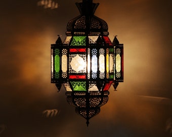 Marokkanische Hängeleuchte Moula-Maurice Multi aus Glas & Eisen aus Marokko | orientalische Lampe Ramadan Leuchte wie aus 1001 Nacht | L1357