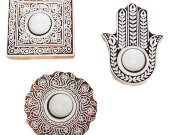 Orientalische Teelichthalter Sahra 3er Set aus Massiv Holz geschnitzt Fatimas Buddha Hand Ramadan Eid Tisch Deko Kerzenlicht Geschenk RK210