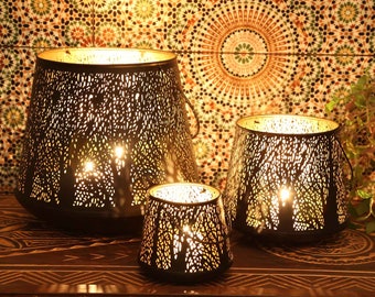 Orientalisches Windlicht Como 3er Set mit Henkel in schwarz gold marokkanische Laterne Wohn Deko Boho Kerzenhalter Ramadan Eid Licht IRL70