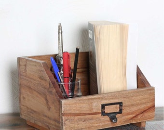 Organizer Parma aus recyceltem Teak-Holz Stiftehalter Holz Box Schreibtisch Kiste mit Namensschild Aufbewahrung Holzbox Holzkiste NUA011
