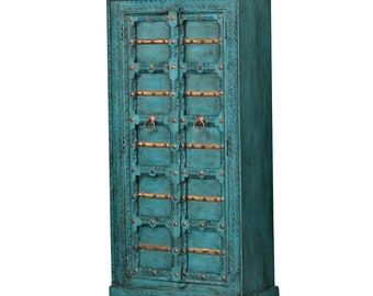 Indischer Holzschrank Adna Türkis aus Massivholz geschnitzt und handbemalt | Vintage Kleiderschrank Boho Drehtürenschrank | CA321270