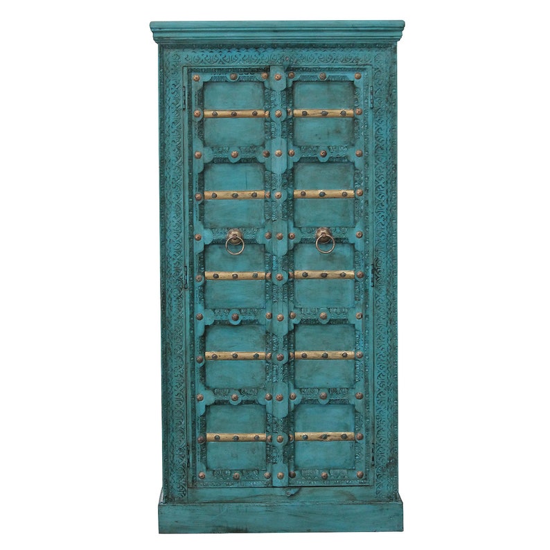 Indiase houten kast Adna Turquoise gesneden uit massief hout en met de hand beschilderd Vintage kledingkast boho draaideurkast CA321270 afbeelding 2