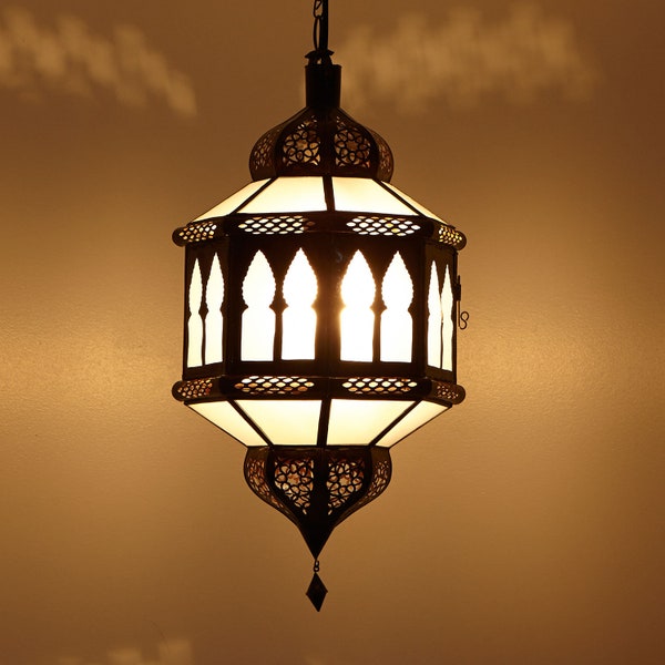 Lampe marocaine Trombia Biban blanc lait en verre dépoli fer fait à la main lampe orientale lampe suspendue plafonnier Maroc L1358