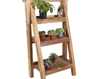 Bloementrap plantenplank hout CAPRI gemaakt van gerecycled teakhout 3 planken bloemenladder plantentrap bloemenstandaard buitenbalkon NUA039