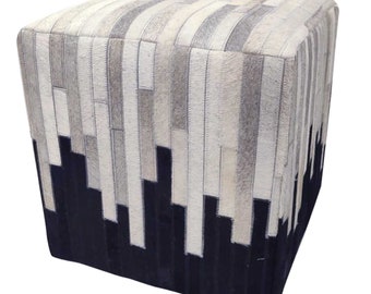 Patchwork Fell-Hocker Sunil 45x45x48 cm (B/T/H) aus Fell & Holz | Sitzhocker weiß schwarz grau Pouf Hocker Polsterhocker | HH5605