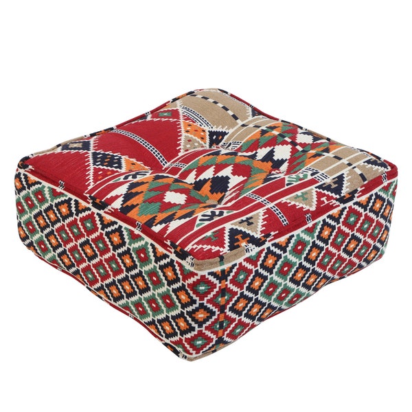 Marokkanischer Pouf Kelim Rot 51x51 cm (BxT) Sitzhöhe 20 cm mit Füllung | orientalisches Bodenkissen Sitzkissen Sitzpouf aus Marokko MO4252