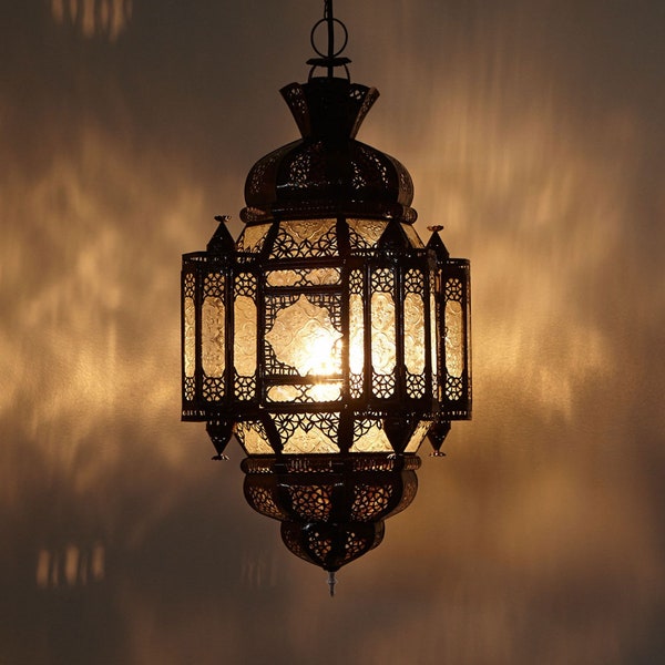 Orientalische Lampe Moula Maurice aus Eisen & Glas handgefertigt | marokkanische Hängelampe Ramadan Eid Leuchte Laterne aus 1001 Nacht L1425