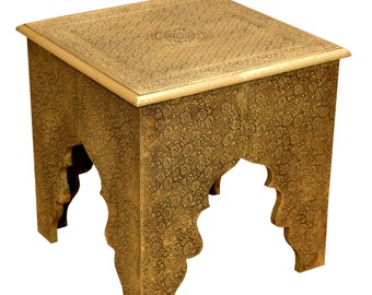 Marokkanischer Beistelltisch Ilias Antik Gold Look mit Holz & Messingintarsien verkleidet Tisch orientalisch quadratisch Kaffeetisch MA78-36