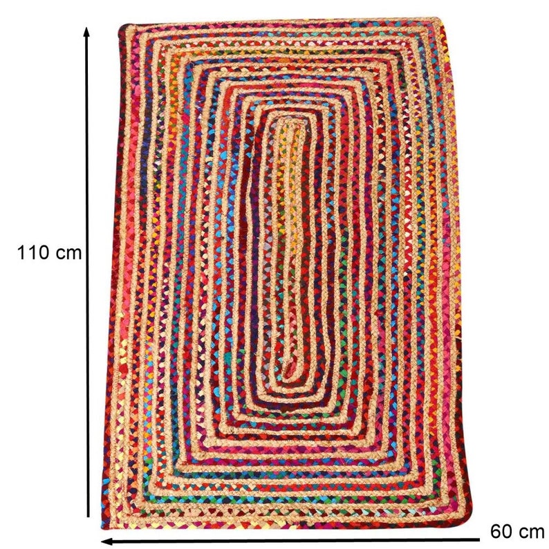 Jute Teppich Esha bunt rechteckig in 5 Größen aus Jute & Baumwolle geflochten Boho Chic Juteteppich Kurzflor Teppichläufer Hygge Orient 60x110 cm