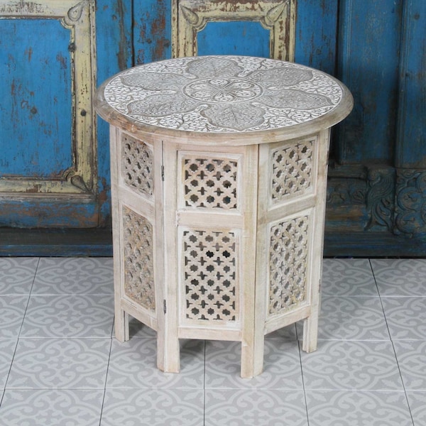 Orientalischer Beistelltisch Haytam weiß Ø 52cm aus Massivholz geschnitzt rund Dekotisch marokkanischer Sofatisch Kaffeetisch | NH-5326-B