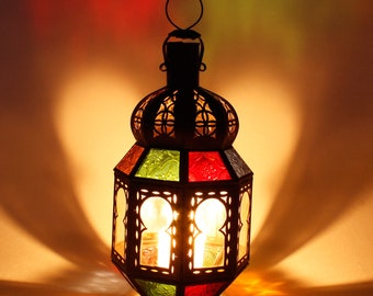 Farol oriental Tamani de Marruecos Al. 28 Ø 12 cm de metal y vidrio | Linterna marroquí colorida decoración de portavelas Ramadán Eid L13002